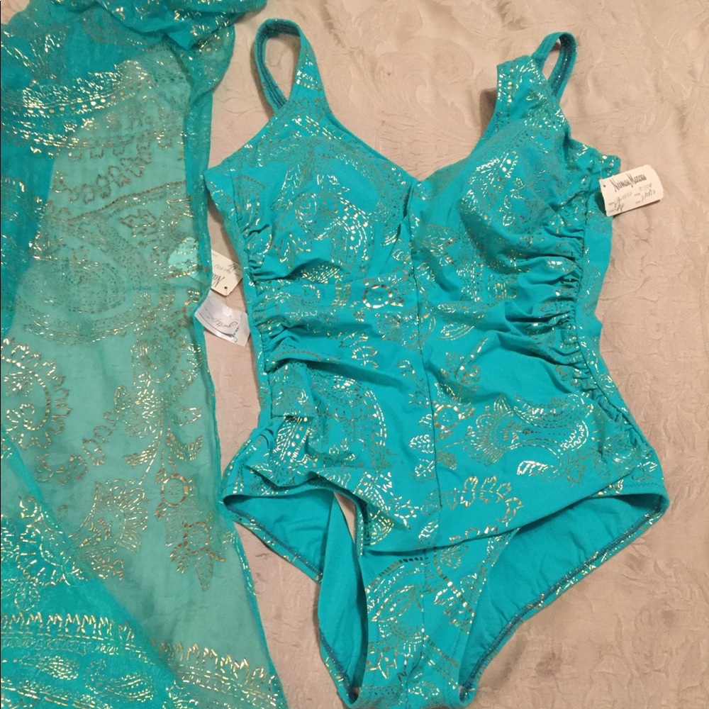 Gottex Size 12 Turquoise/Gold swimsuit/wrap NWT